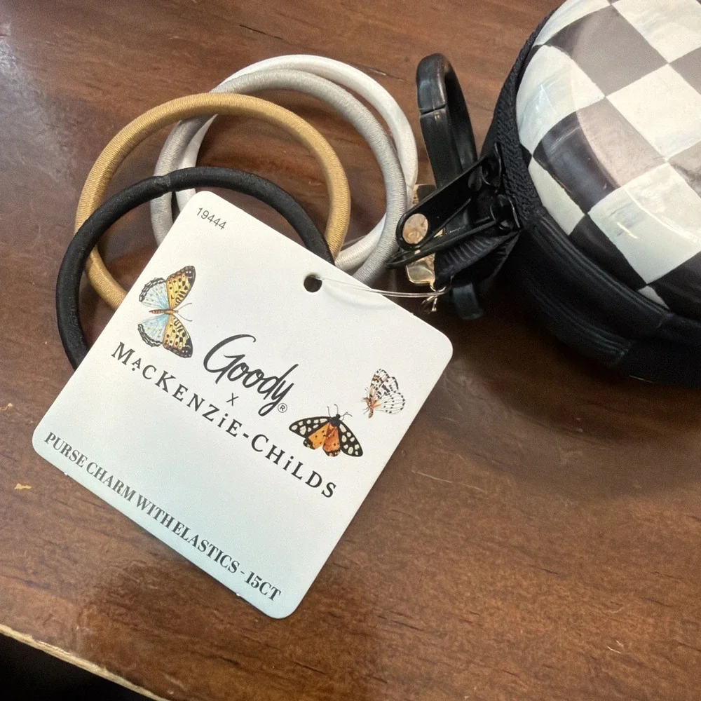 Goody & Mackenzie Childs Pink  Check Elastic Hair Ties and Zipper Pouch & Clip